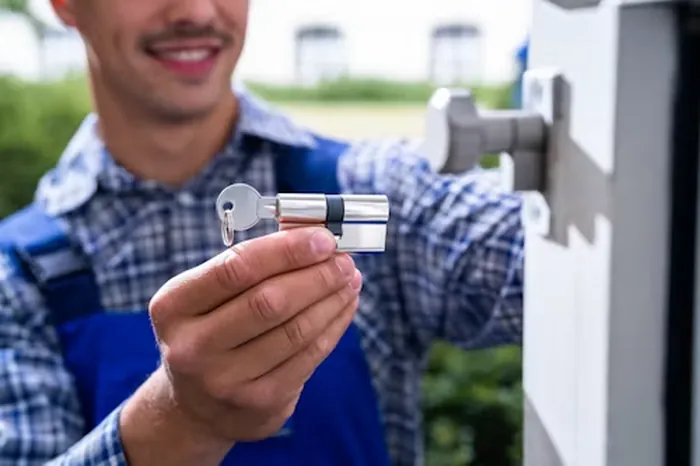 Locksmith installing a door lock cylinder in Beirut
